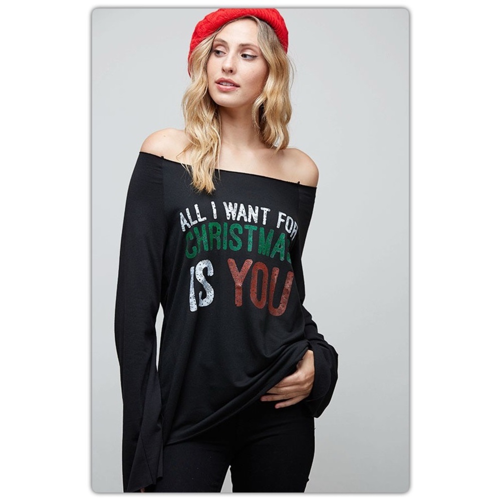 Off-Shoulder Black Christmas Top All I Want For Christmas is You